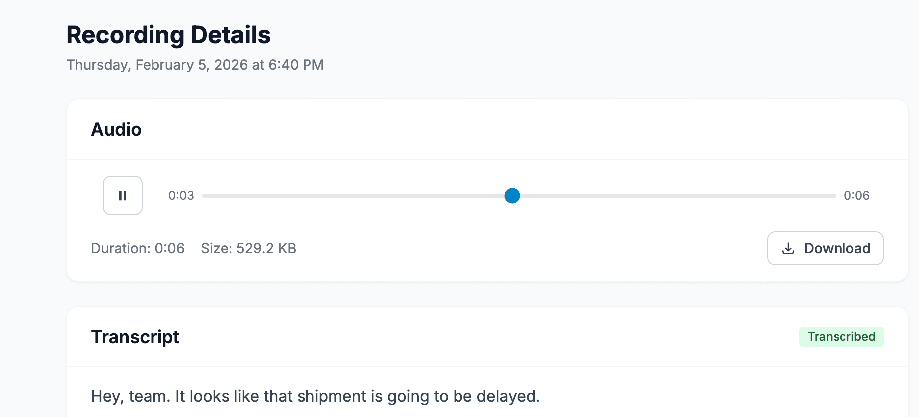 Recording details showing audio player and transcript