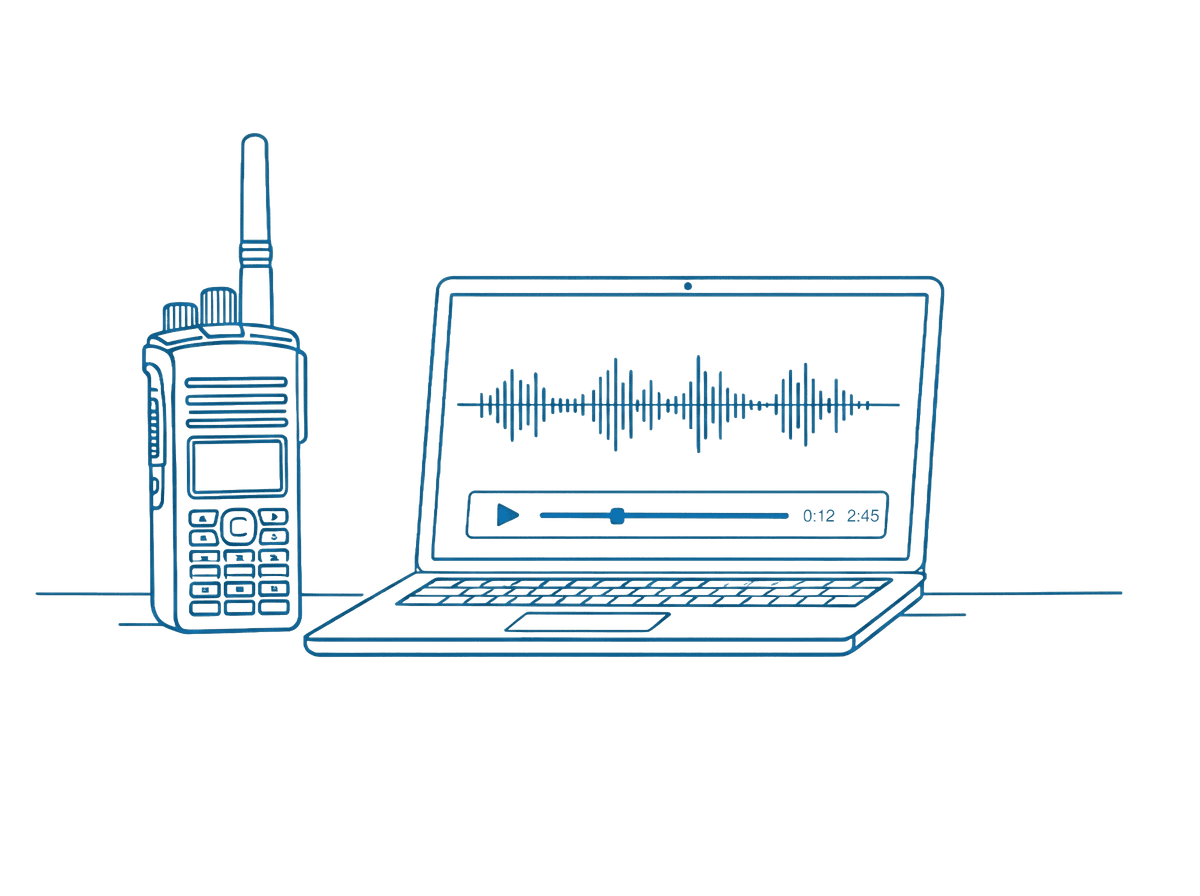 Two-way radio next to laptop showing audio playback interface